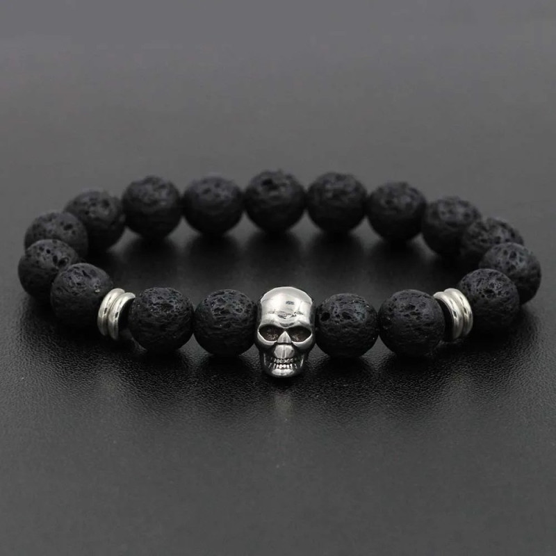 Bracelet Tête de Mort Crâne en acier inoxydable avec perles en pierre naturelle modèle pierres noires