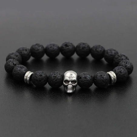 Bracelet Tête de Mort Crâne en acier inoxydable avec perles en pierre naturelle modèle pierres noires