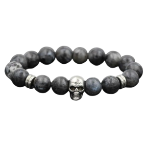 Bracelet Tête de Mort Crâne en acier inoxydable avec perles en pierre naturelle noir