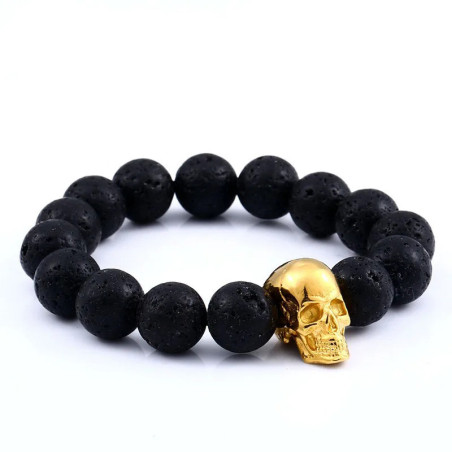 Bracelet Tête de Mort Crâne avec Pierres Naturelles de Lave Noire - modèle or