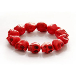 Bracelet Tête de Mort Crânes multiples en pierre naturelle - couleur rouge