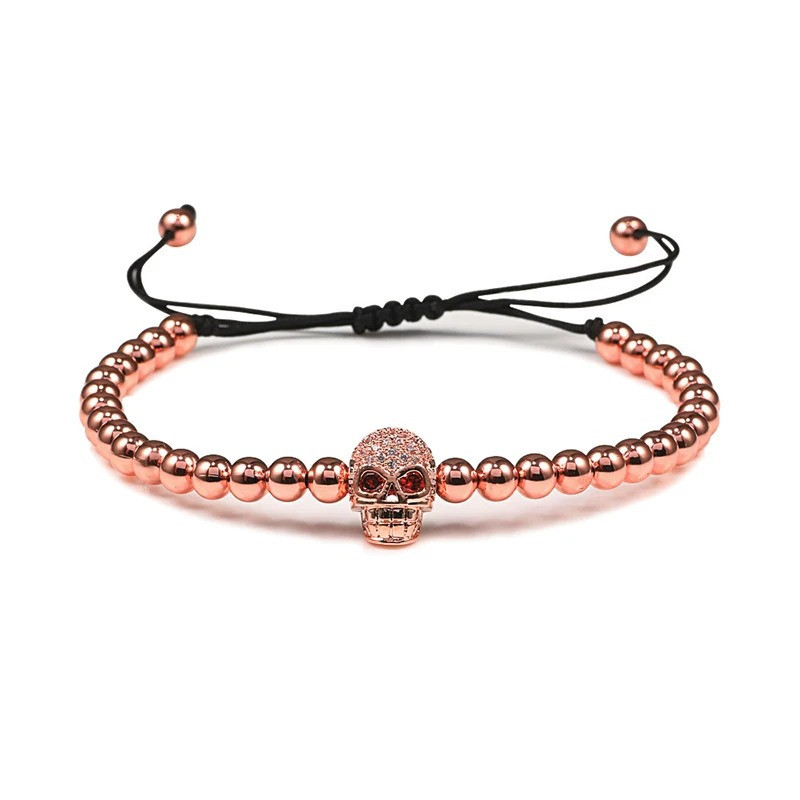 Bracelet Tête de Mort Crâne Strass avec perle de Cuivre - couleur or rose