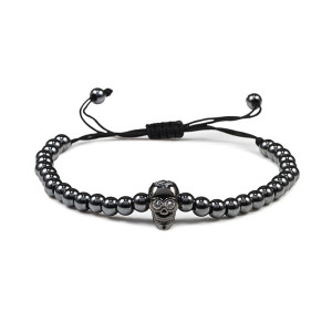 Bracelet Tête de Mort Crâne Strass avec perle de Cuivre - couleur noir