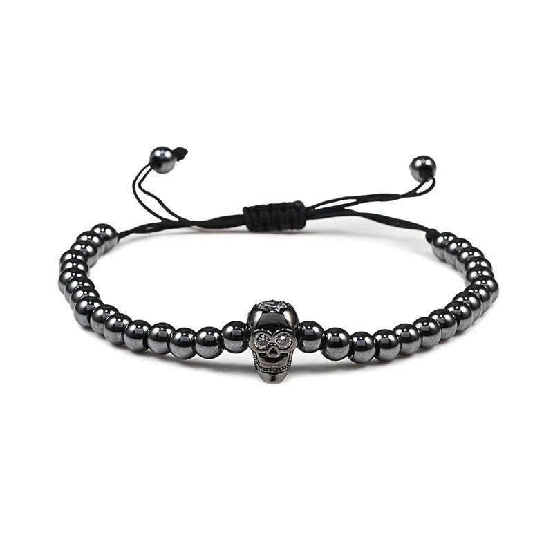 Bracelet Tête de Mort Crâne Strass avec perle de Cuivre - couleur noir
