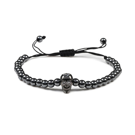 Bracelet Tête de Mort Crâne Strass avec perle de Cuivre - couleur noir