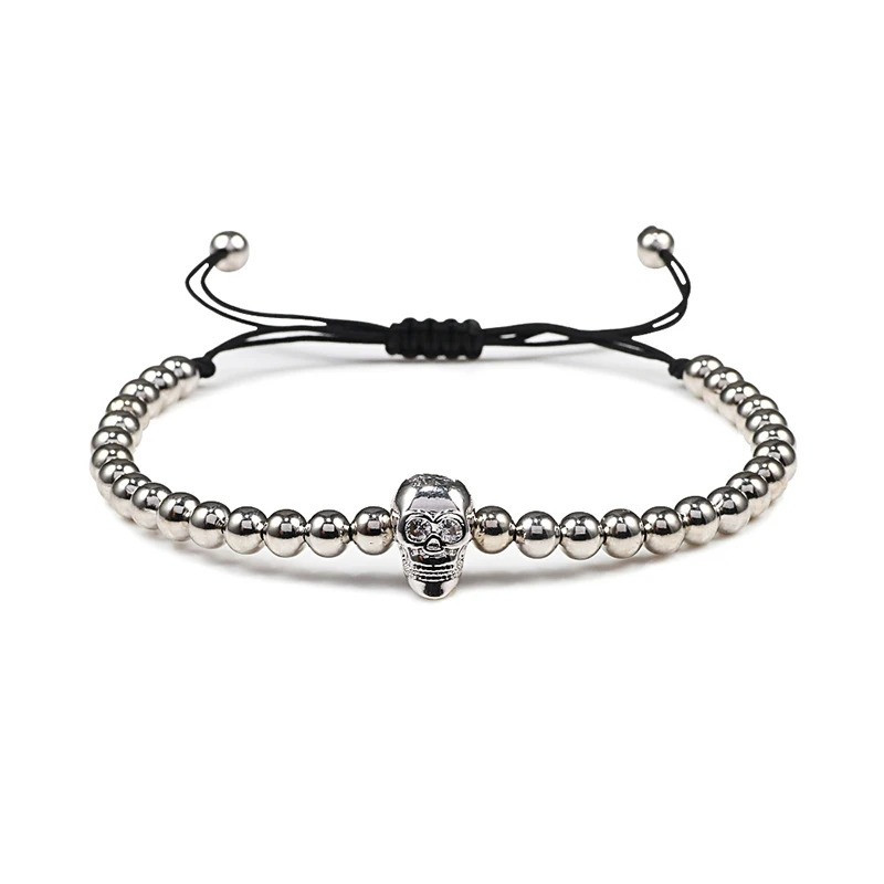 Bracelet Tête de Mort Crâne Strass avec perle de Cuivre - couleur gris