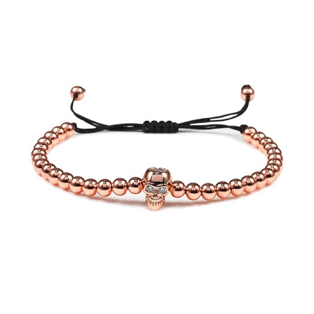 Bracelet Tête de Mort Crâne Strass avec perle de Cuivre couleur or rose