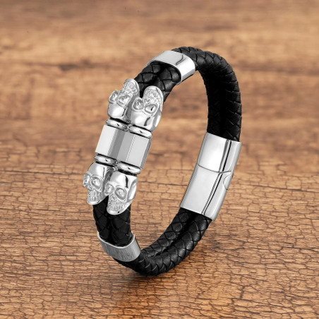 Bracelet Tête de Mort Double Couche en Cuir avec 4 Crânes - 3 couleurs