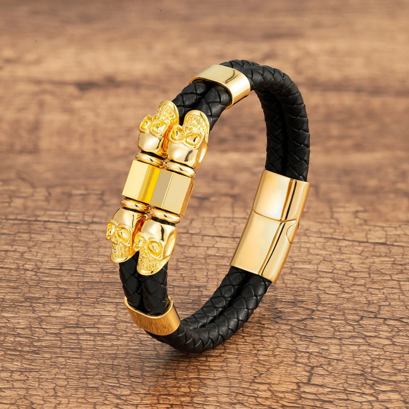 Bracelet Tête de Mort Double Couche en Cuir avec 4 Crânes - 3 couleurs