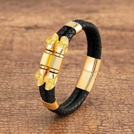 Bracelet Tête de Mort Double Couche en Cuir avec 4 Crânes - 3 couleurs
