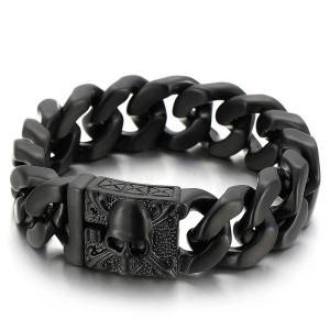 Bracelet Tête de Mort Gourmette Crâne Pïrates Biker Noir