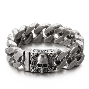 Bracelet Tête de Mort Gourmette Crâne Pïrates Biker argent