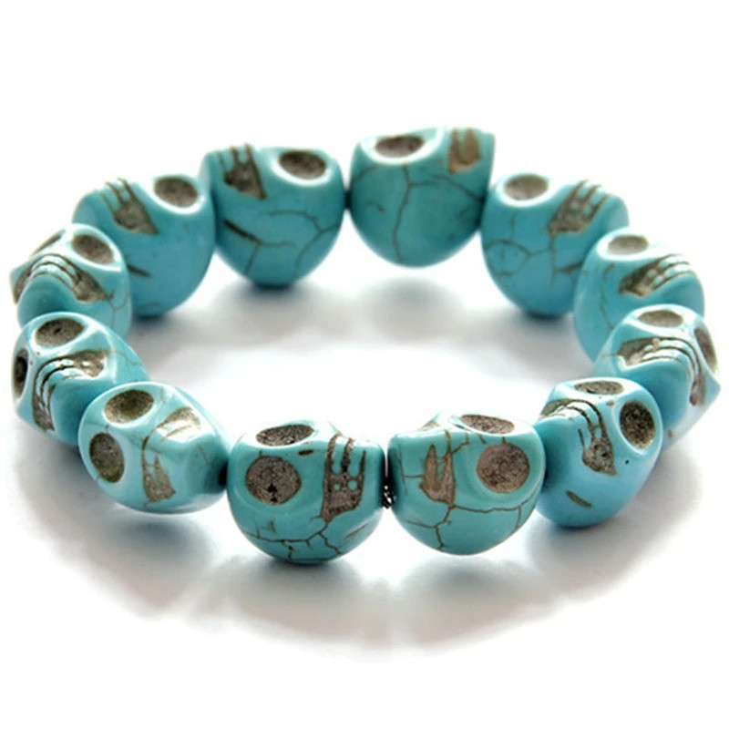 Bracelet Tête de Mort élastiques Perles de Crânes couleur bleu turquoise