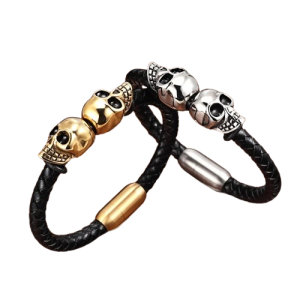 Bracelet Tête de Mort en Cuir Tréssé noir Double Crânes pour homme - Couleurs  Argent ou Or!