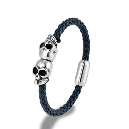 Bracelet Tête de Mort en Cuir Tréssé noir pour homme - couleur bleu