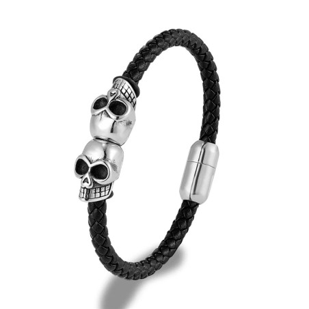 Bracelet Tête de Mort en Cuir Tréssé noir pour homme - couleur noir