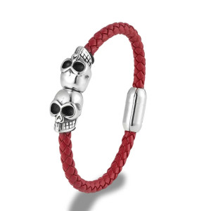 Bracelet Tête de Mort en Cuir Tréssé noir pour homme - couleur rouge