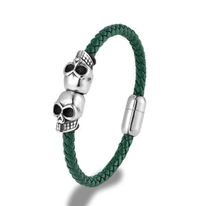 Bracelet Tête de Mort en Cuir Tréssé noir pour homme - couleur vert