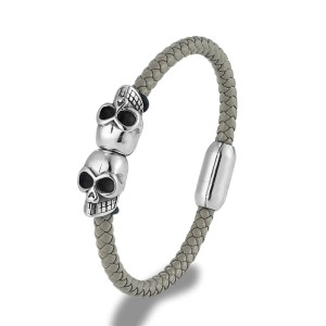 Bracelet Tête de Mort en Cuir Tréssé noir pour homme - couleur gris clair
