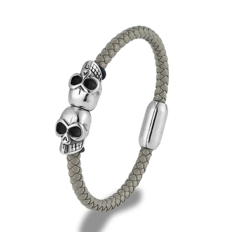 Bracelet Tête de Mort en Cuir Tréssé noir pour homme - couleur gris clair
