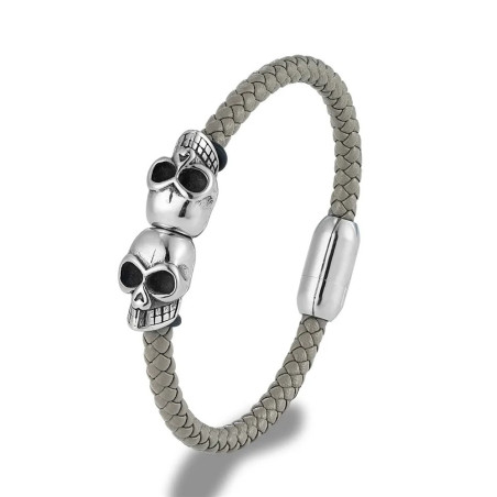 Bracelet Tête de Mort en Cuir Tréssé noir pour homme - couleur gris clair