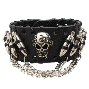 Bracelet Tête de Mort Punk Rock Crâne et balles Noir