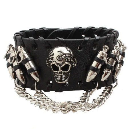 Bracelet Tête de Mort Punk Rock Crâne et balles Noir