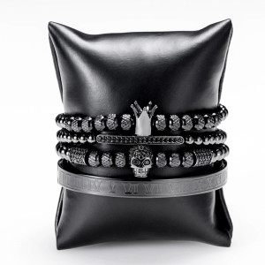 Bracelet Tête de Mort Trio De bracelets Crâne Strass et Couronne - couleur noir