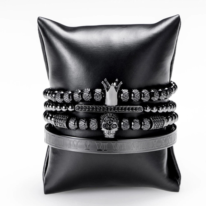 Bracelet Tête de Mort Trio De bracelets Crâne Strass et Couronne - couleur noir