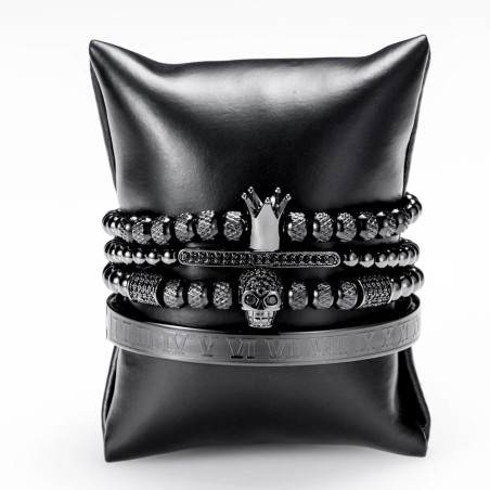 Bracelet Tête de Mort Trio De bracelets Crâne Strass et Couronne - couleur noir