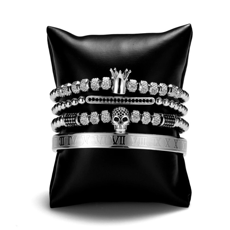 BraceleBracelet Tête de Mort Trio De bracelets Crâne Strass et Couronne - couleur argent