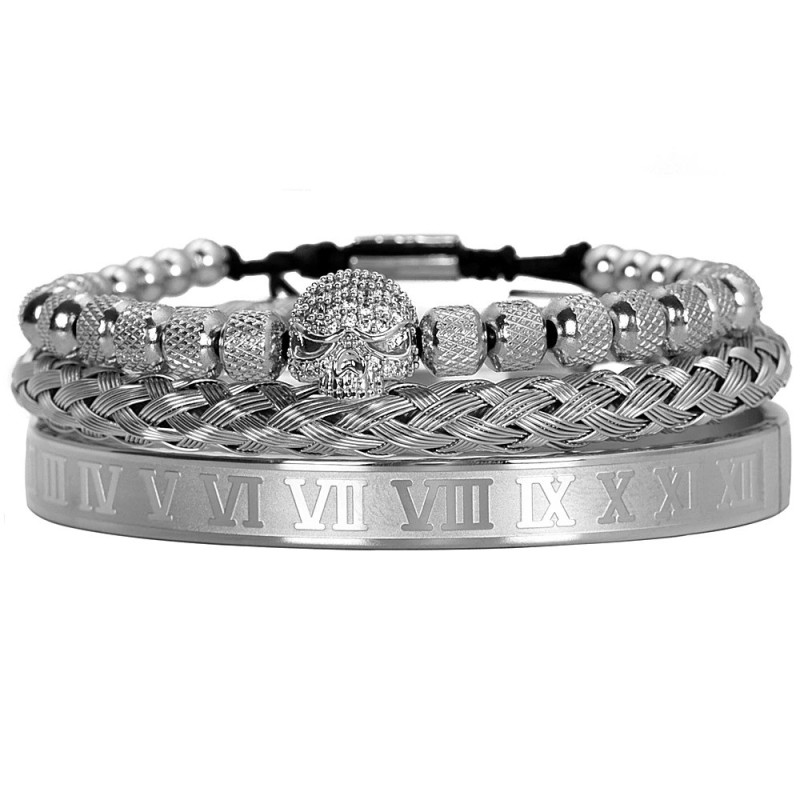 Bracelet Tête de Mort Trio de Bracelets Crâne Strass argent