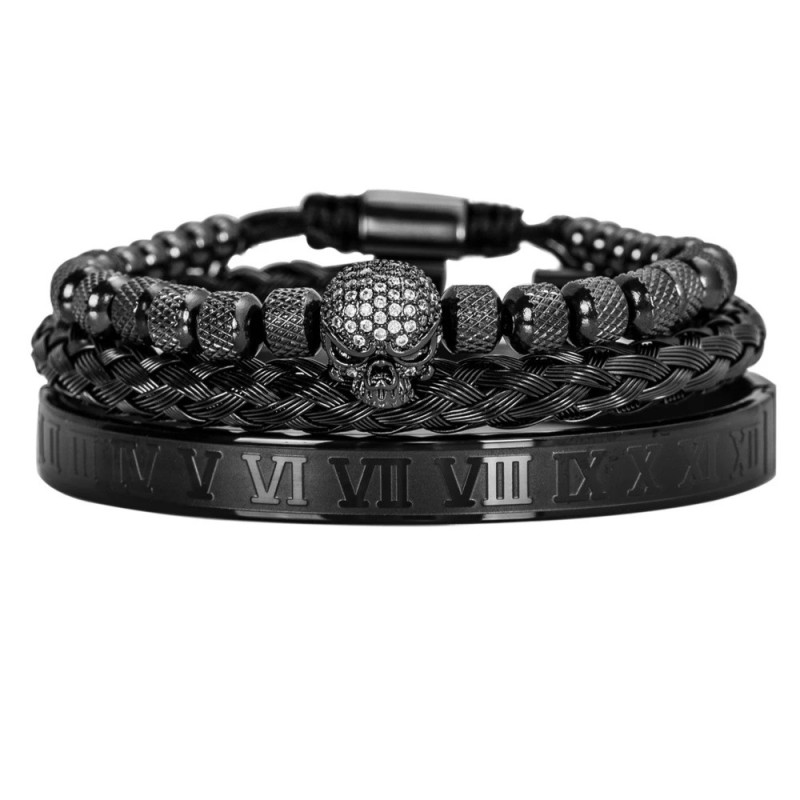 Bracelet Tête de Mort Trio de Bracelets Crâne Strass Noir