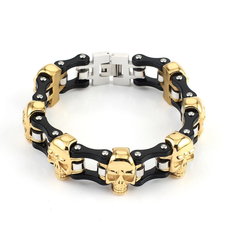 Bracelet Tête de Mort Chaine de Moto et Crânes - 3 couleurs