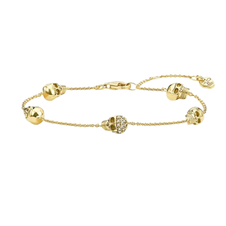 Bracelet Tête de Mort 5 crânes fin - Argent Sterling 925 véritable - Plaqué or!