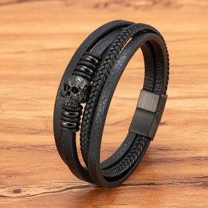 Bracelet Tête de Mort Crâne Sculpté Cuir Tissé modèle noir