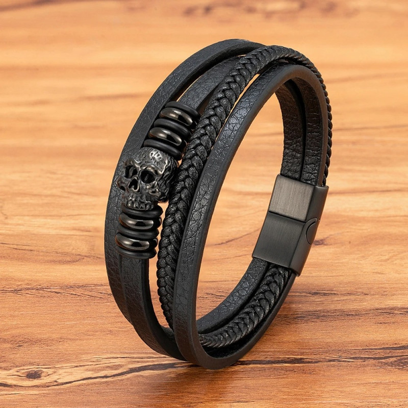 Bracelet Tête de Mort Crâne Sculpté Cuir Tissé modèle noir