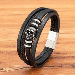 Bracelet Tête de Mort Crâne Sculpté Cuir Tissé modèle argent