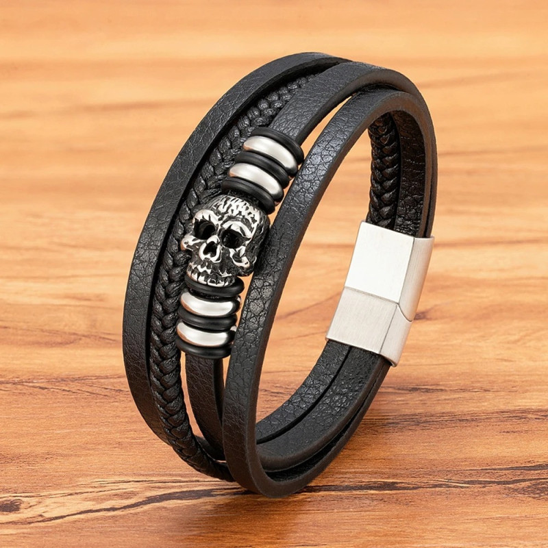 Bracelet Tête de Mort Crâne Sculpté Cuir Tissé modèle argent