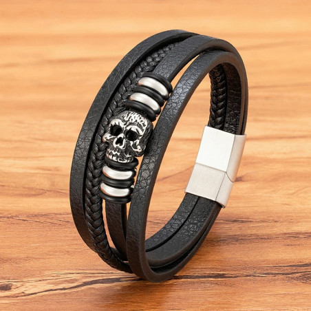 Bracelet Tête de Mort Crâne Sculpté Cuir Tissé modèle argent