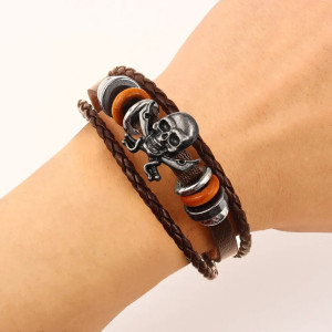 Bracelet Tête de Mort Cuir PU avec Perles et Crânes Pirate Jolly Rogeers Marron