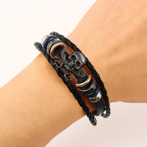 Bracelet Tête de Mort Cuir PU avec Perles et Crânes Pirate Jolly Rogerss Noir
