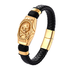 Bracelet Tête de Mort en Cuir véritable Crâne Pirate or
