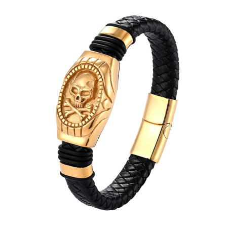 Bracelet Tête de Mort en Cuir véritable Crâne Pirate or