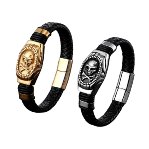 Bracelet Tête de Mort en Cuir véritable Crâne Pirate