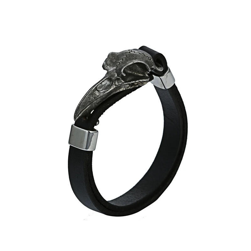 Bracelet Viking Crâne Corbeau en Cuir véritable