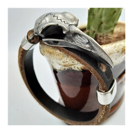 Bracelet Viking Crâne Corbeau en Cuir véritable Argent