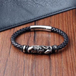 Bracelet Tête de Mort en cuir avec Crâne et Serpent