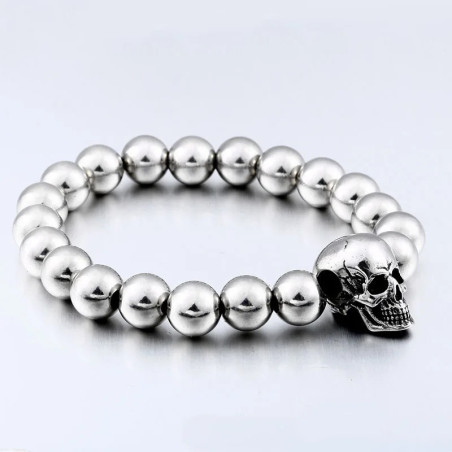 Bracelet Tête de Mort Perles et Crâne en Acier Inoxydable argent