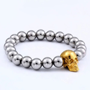 Bracelet Tête de Mort Perles et Crâne en Acier Inoxydablee